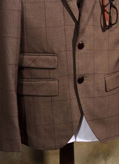  英倫復(fù)古咖啡格單排兩粒扣修身西裝潮 男士雅痞西服外套