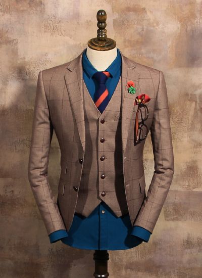  英倫復(fù)古咖啡格單排兩粒扣修身西裝潮 男士雅痞西服外套