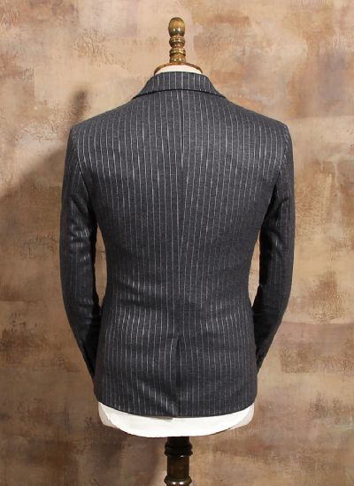 英倫雅痞西服外套 復古灰條紋雙排兩粒扣男士加厚修身西