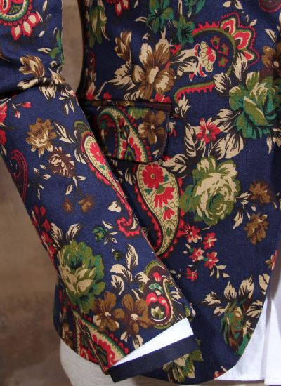 英倫雅痞腰果花西服外套 男士夜店復古藍色一粒扣修身西