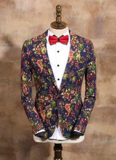英倫雅痞腰果花西服外套 男士夜店復古藍色一粒扣修身西