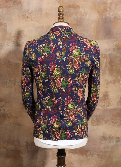 英倫雅痞腰果花西服外套 男士夜店復古藍色一粒扣修身西
